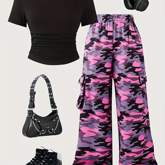 Youth Women'S Casual Short-Sleeve Round Neck Top And Stylish Straight-Leg Pants Two-Piece Set for Spring And Summer, for Outdoor