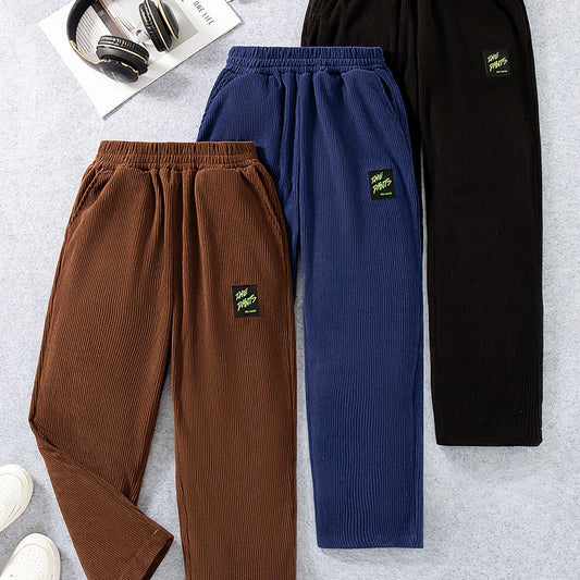 3pcs Boys' Corduroy Pants - Thick Winter Warm Loose-Fit Soft Straight-Leg Elastic Waist Casual Outdoor Pants with Pocket Details, Machine Washable Corduroy Trousers for Teen Boys (Brown/Navy/Black) - Autumn & Winter Clothing,