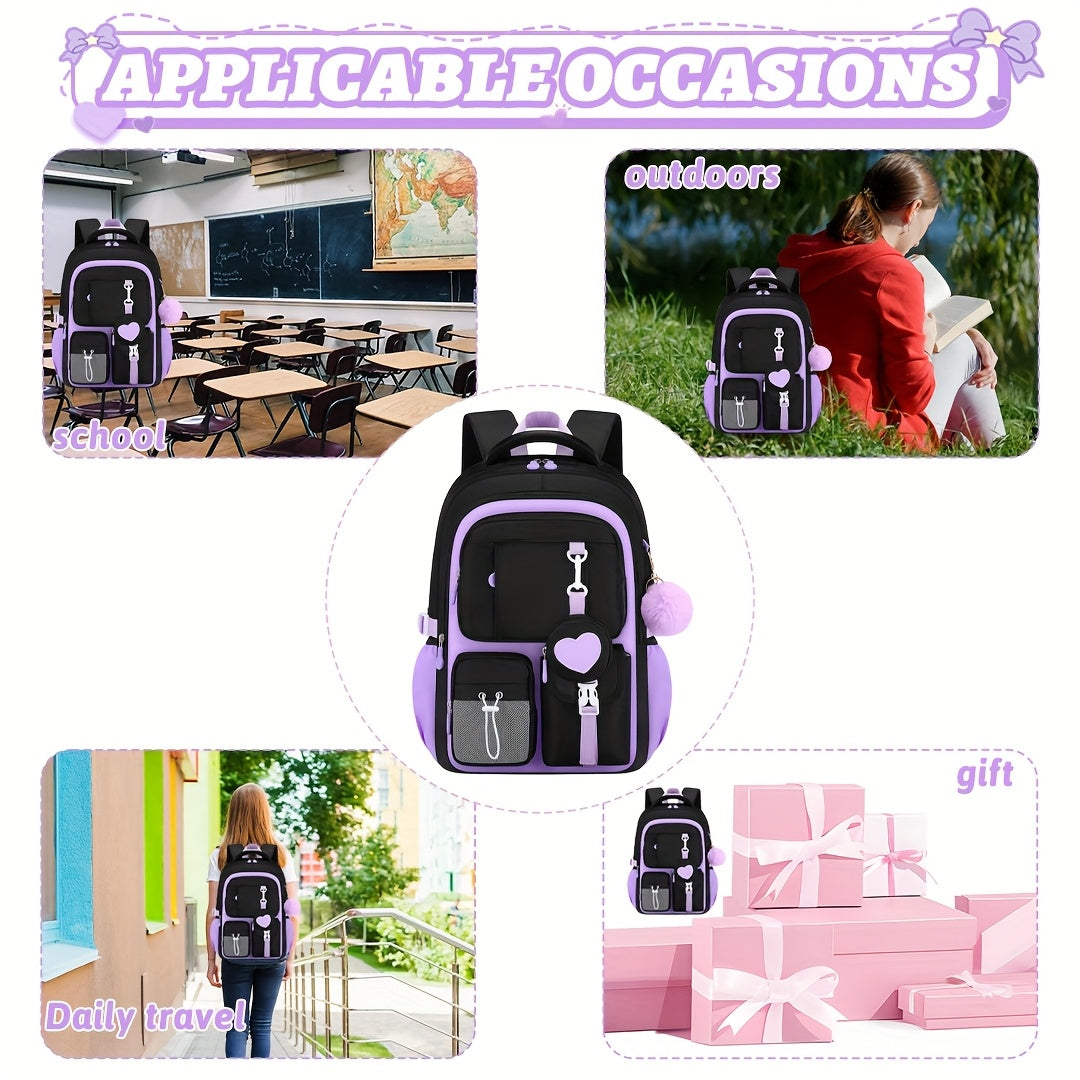 [Heart-Shaped Backpack Set] 3pcs Heart-Shaped Casual Backpack Handbag Set | Fashionable Black with Purple, 15.6-Inch Laptop Backpack, Large Capacity Multiple Compartments, Beach Outdoor Camping Travel Bag with Trolley Sleeve,
