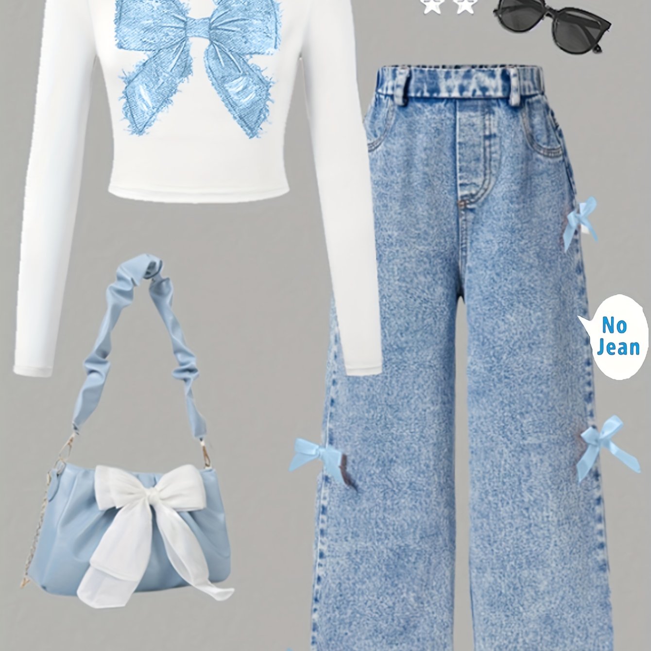[Girls' Bow Print Top & Pants] Fashion Casual Bow Print Long Sleeve Top with Faux Denim Bow Pants for Girls | Spring/Autumn Outdoor Leisure Parties