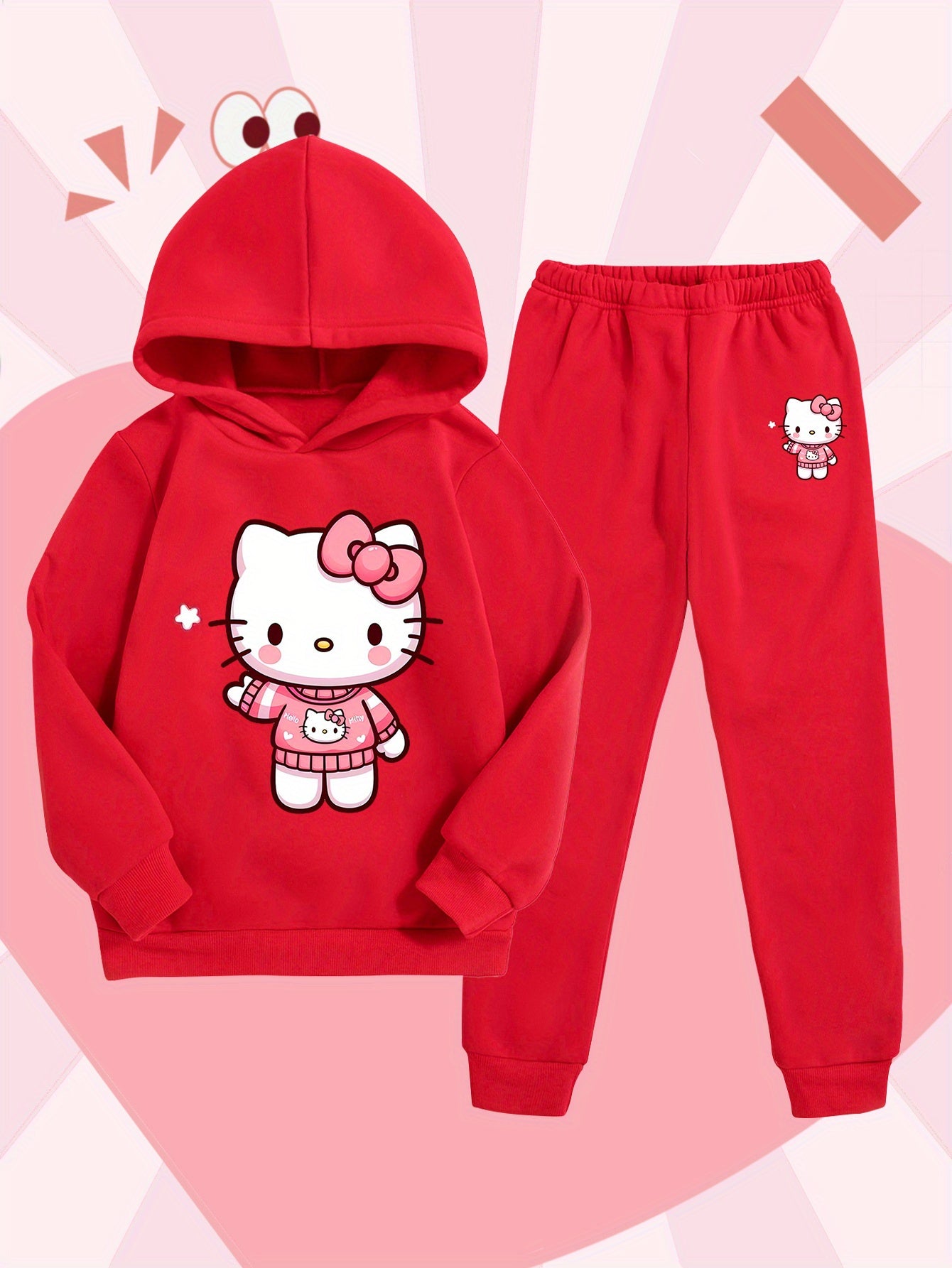 Girls' Fashion Hoodie and Pants Set - Sanrio Cartoon Print, Soft Polyester Sweatshirt with Hat for Kids, Warm & Comfortable Fall/Winter Outfit, Stylish Casual Sportswear for School or Outdoor Activities, Perfect for Outdoor