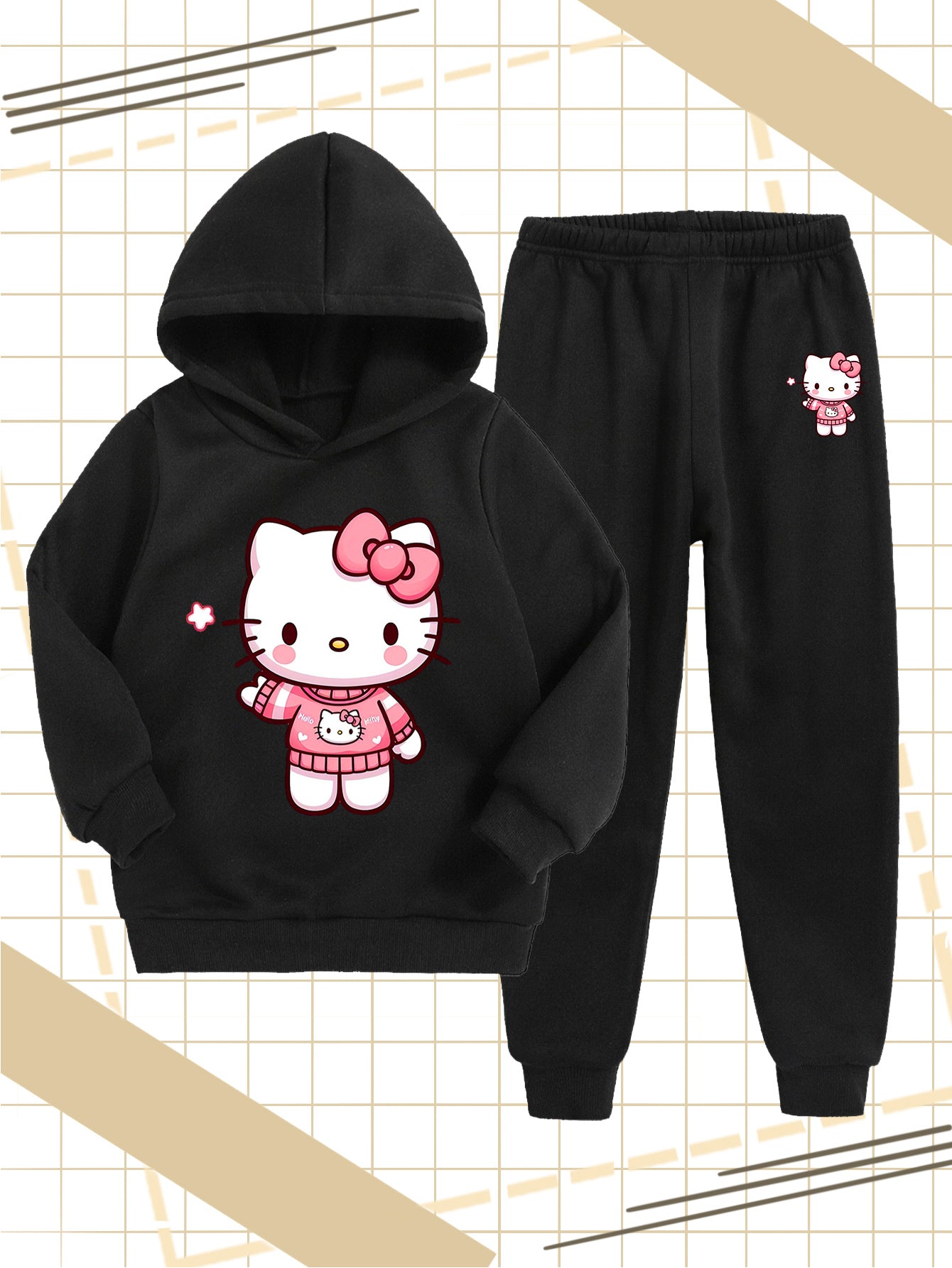 Girls' Fashion Hoodie and Pants Set - Sanrio Cartoon Print, Soft Polyester Sweatshirt with Hat for Kids, Warm & Comfortable Fall/Winter Outfit, Stylish Casual Sportswear for School or Outdoor Activities, Perfect for Outdoor