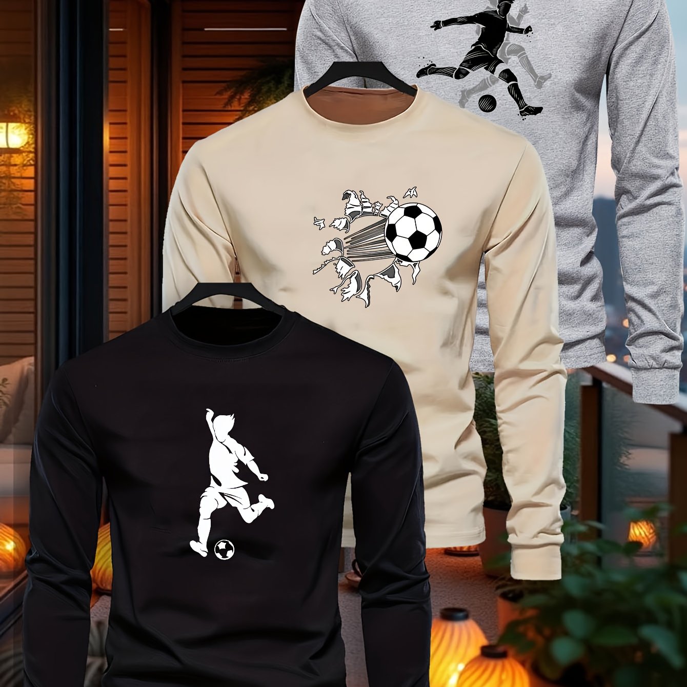 3pcs Boys' Soccer Graphic Long Sleeve T-Shirts - High-Stretch Casual Crew Neck Tops with Football Player & Ball Design, Black & Gray, Perfect for Fall, Everyday Youngsters'S Clothing, Soccer Shirts, Playful Youngsters'S Desig