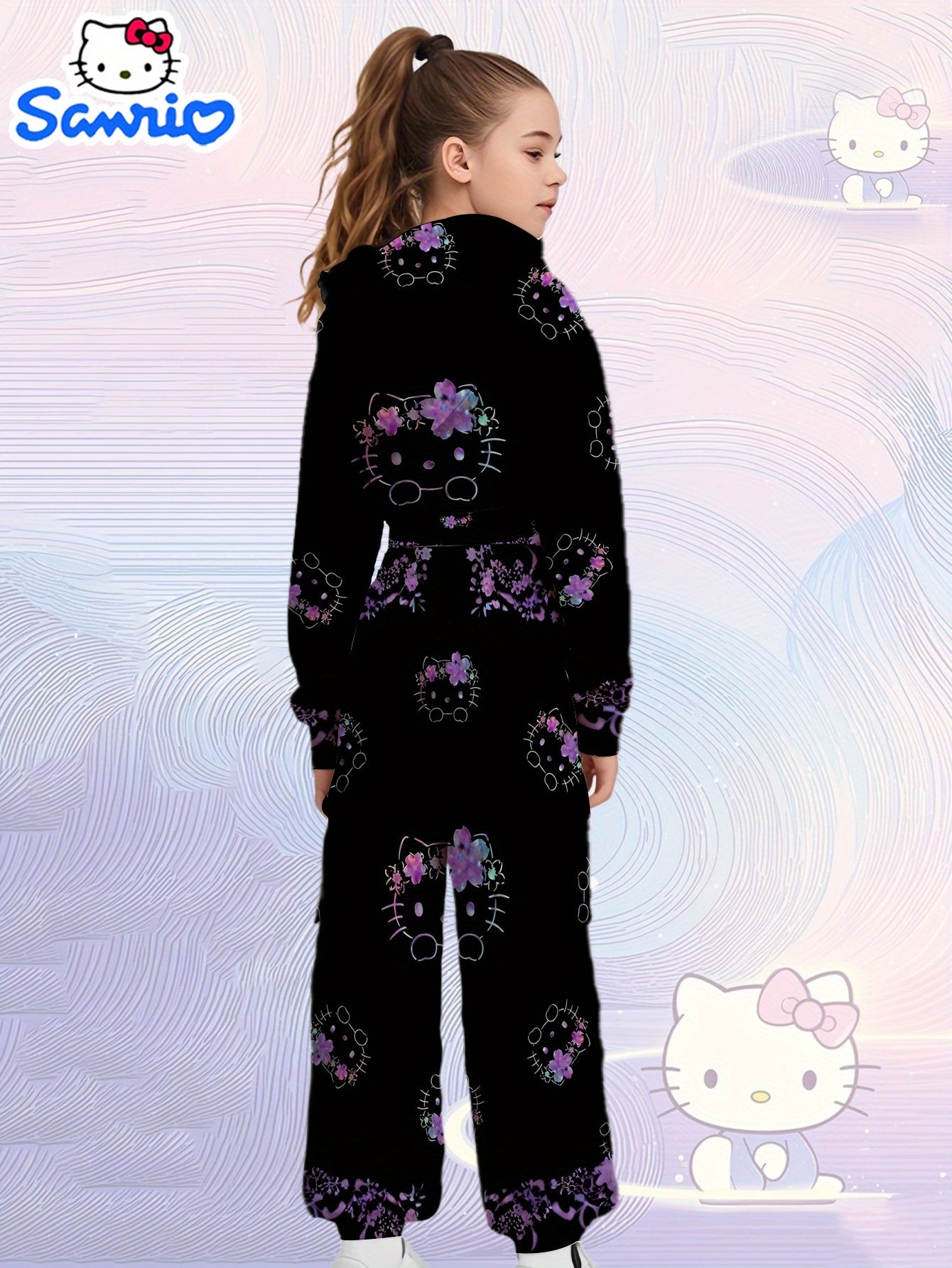3pcs Girls' Gothic Hello! Magazine-Inspired Outfit Set - Purple & Black All-Over Print Hooded Sweatshirt & Overalls with Heart & Bow Details, Cozy Winter Clothes for Christmas, Birthday Party, Casual Attire - Casual to Formal