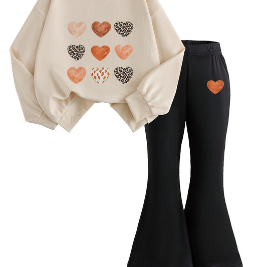 [Trendy Autumn Suit for Kids] 2pcs Trendy Autumn Suit for Kids | Girls' Fashion Sweatshirt + Flare Pants Style | Heart Print Design | Urban Stroll + Fashionable Look | Perfect for Outdoor