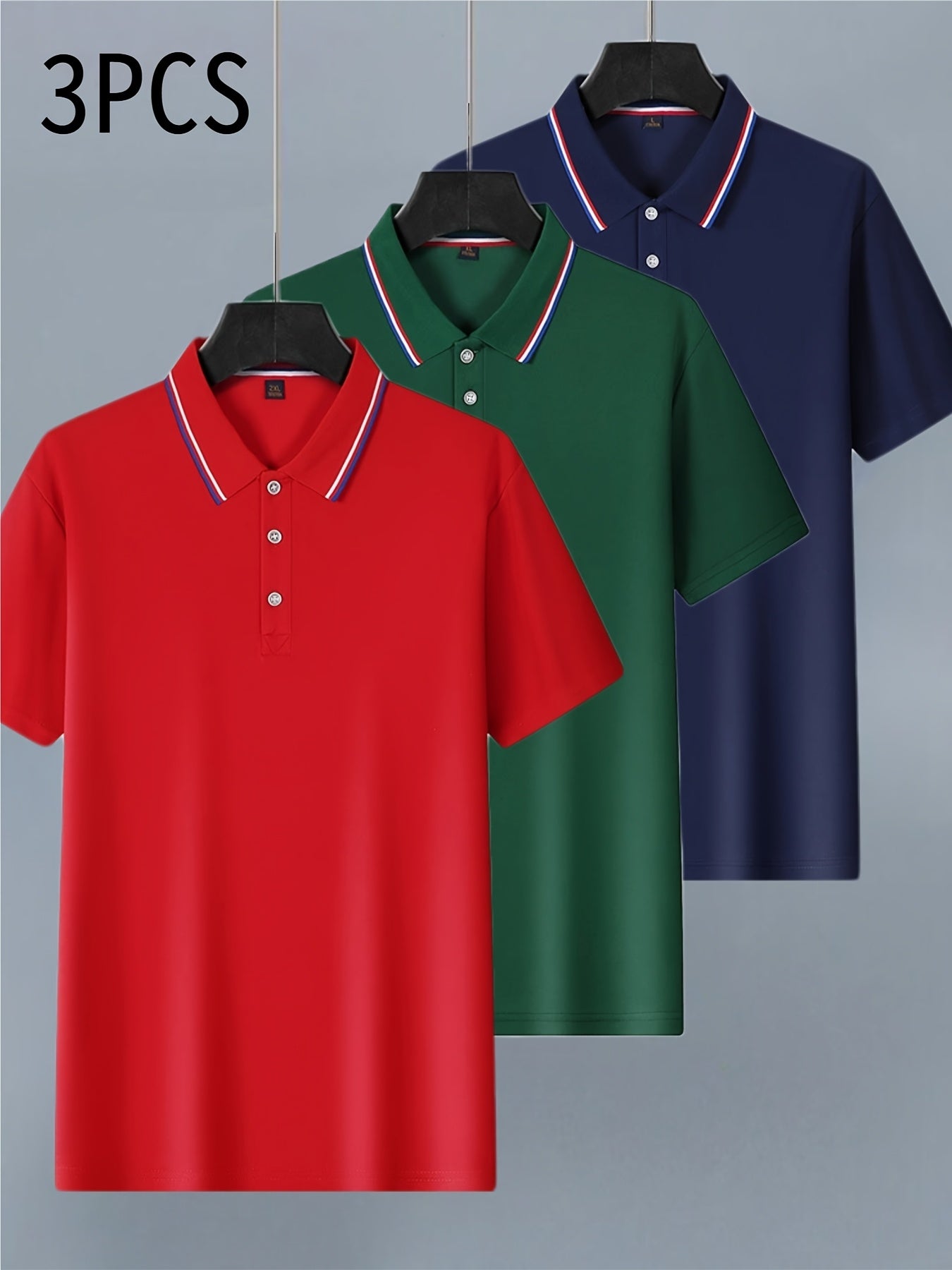 [Fashion Polo Shirts] 3pcs Teen Fashion Polo Shirts | Short Sleeve, Solid Color, Regular Fit, Half Placket, Rib-Knit Details, Medium Stretch, Summer Casual Wear, Conventional Lapel Collar, Regular Sleeve Length, for Weekend C