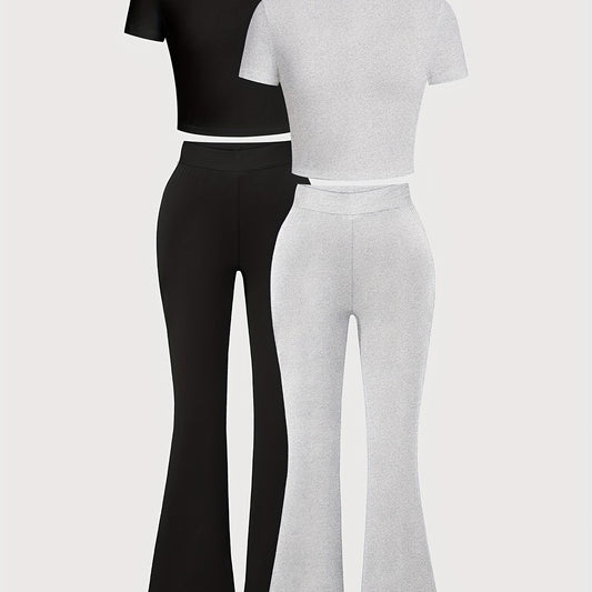 Tween Girls' Four-Piece Pants Set, Classic Black and Grey Short Sleeve T-Shirt, Stretch Flare Leggings, Slim Fit, Perfect for Outdoor Wear, Creative Gift Idea, Ideal Present for Kids, Spring/Summer, Perfect for Outdoor