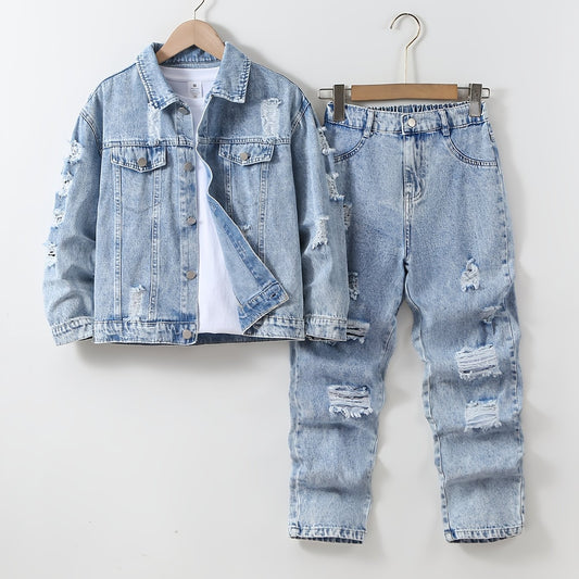 2pcs Boys' Vintage Distressed Denim Set - Heavy-Duty Long Sleeve Jacket & Ripped Jeans with Button-Up Front, Machine Washable Casual Streetwear Outfit for Spring/Fall Layering (Aged Blue Wash) - Perfect for Everyday & Formal