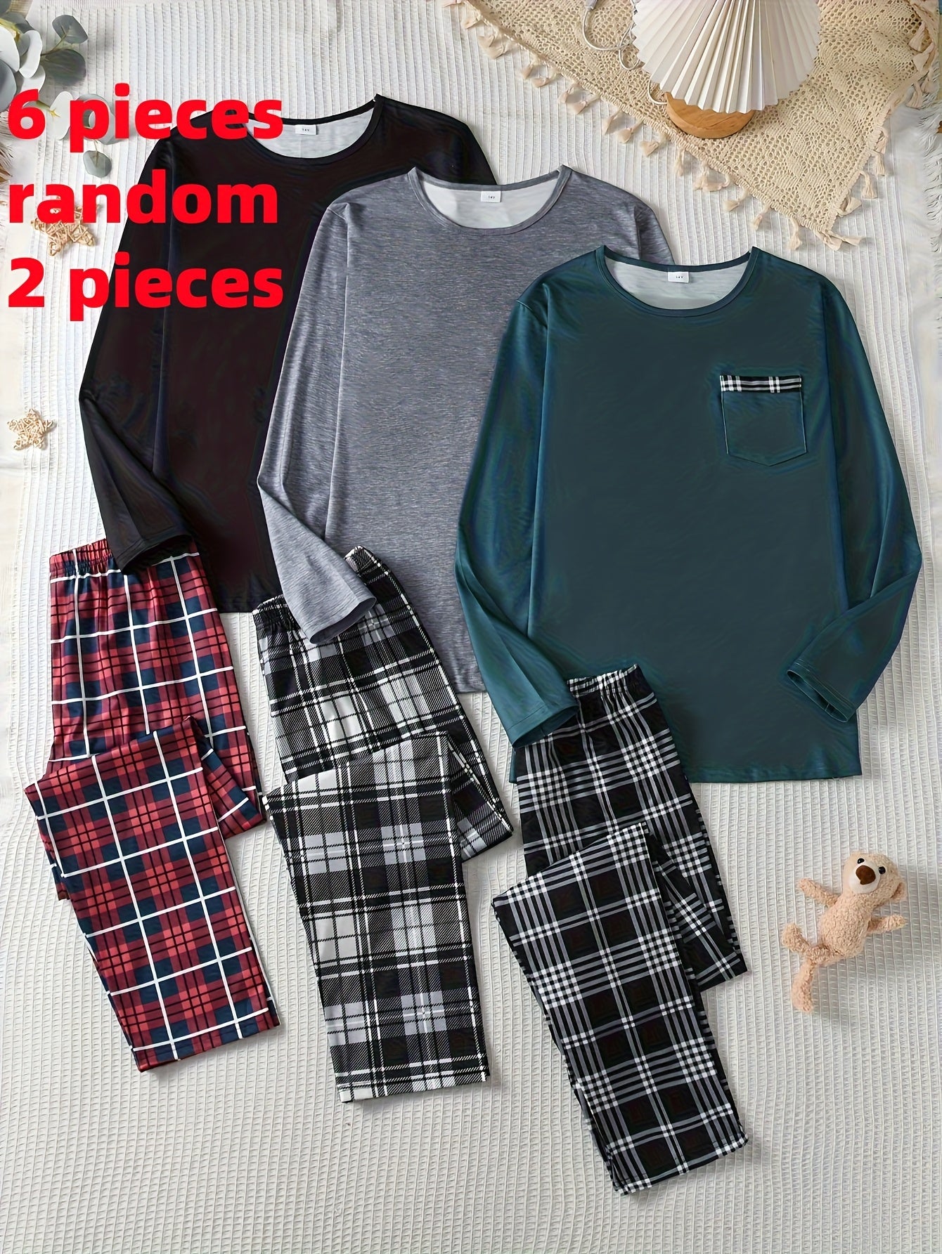 [Teenager Fashion Pajamas Set] Random 2pcs Set of The 2025 New Teenager's Fashion Trendy Simple Pajamas in Black, Gray, And Green Plaid with Long Sleeves And Long Pants, a Comfortable And Casual Homewear Outfit., For Teenager