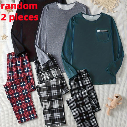 [Teenager Fashion Pajamas Set] Random 2pcs Set of The 2025 New Teenager's Fashion Trendy Simple Pajamas in Black, Gray, And Green Plaid with Long Sleeves And Long Pants, a Comfortable And Casual Homewear Outfit., For Teenager