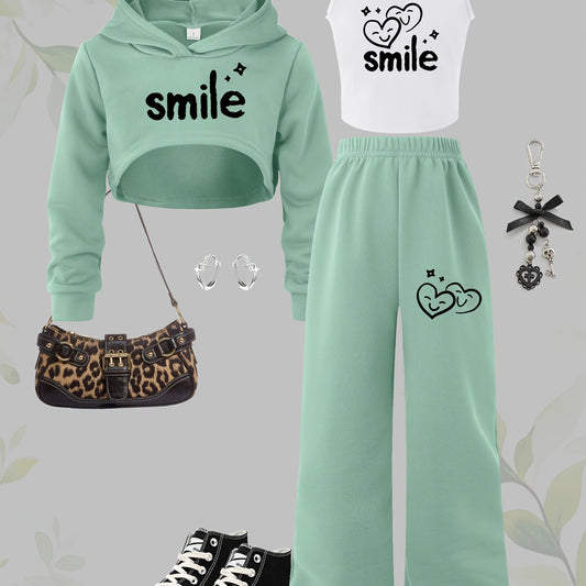 3pcs Girls' Long-Sleeve Hooded Crop Top and Pants Casual Sporty Outdoor 3pcs Set, Perfect for Outdoor