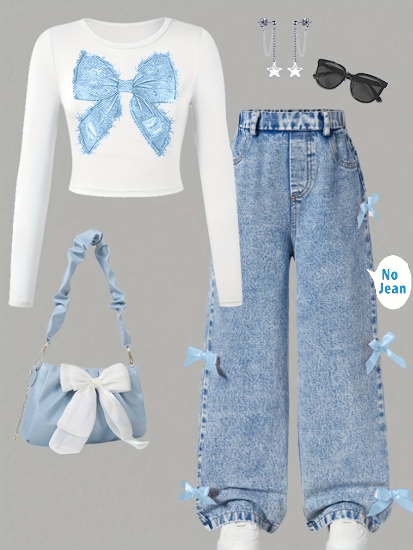 [Girls' Bow Print Top & Pants] Fashion Casual Bow Print Long Sleeve Top with Faux Denim Bow Pants for Girls | Spring/Autumn Outdoor Leisure Parties