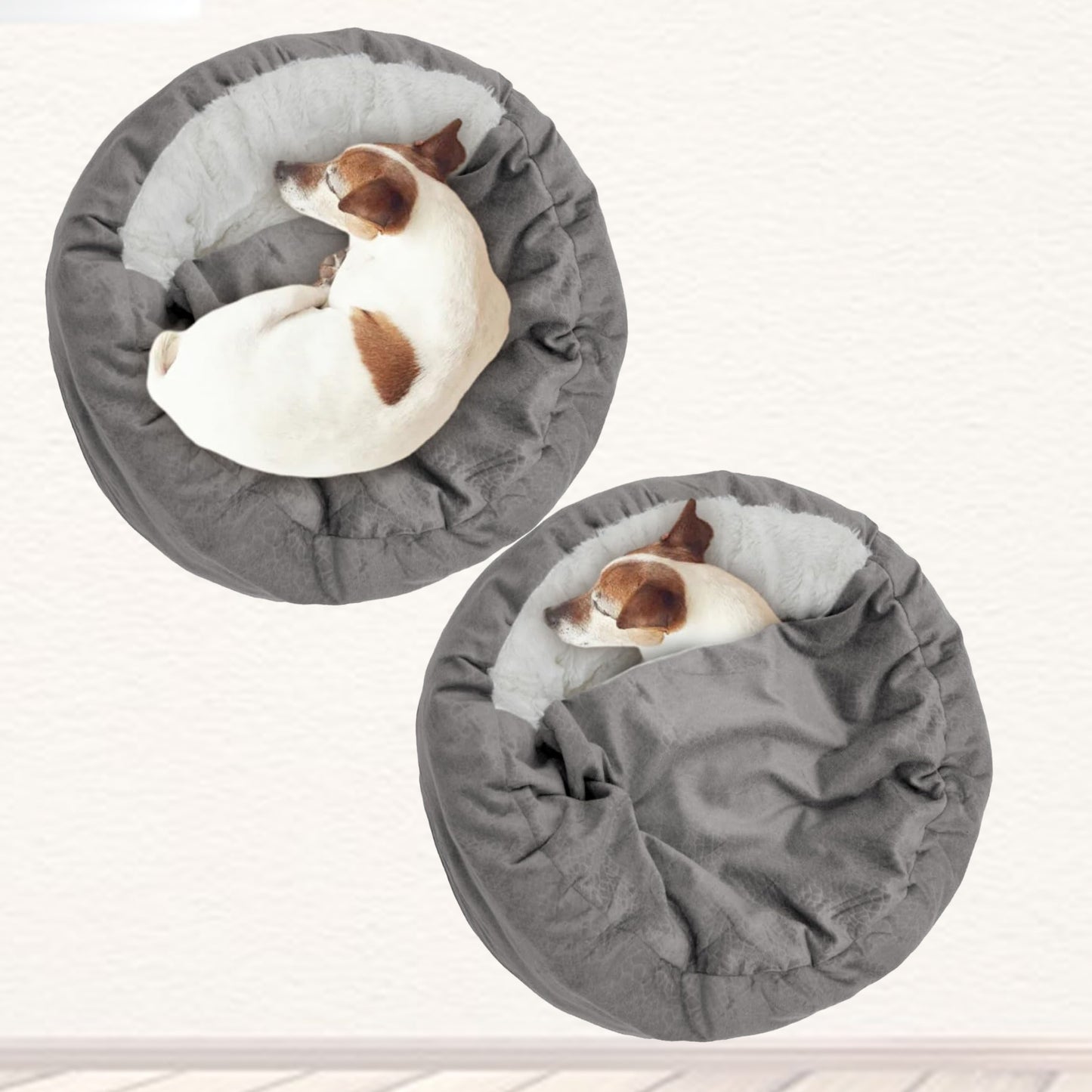 Four Seasons Pet Nest, Dog Bed with Hooded Blanket, Anti-Anxiety Puppy Pet Bed Cave, Super Soft Fluffy Polyester, Non-Slip Bottom, Machine Washable, Cozy Donut Design for Small, Medium, Large Dogs and Cats, Geometric Pattern,