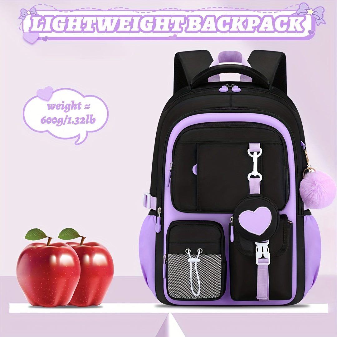 [Heart-Shaped Backpack Set] 3pcs Heart-Shaped Casual Backpack Handbag Set | Fashionable Black with Purple, 15.6-Inch Laptop Backpack, Large Capacity Multiple Compartments, Beach Outdoor Camping Travel Bag with Trolley Sleeve,