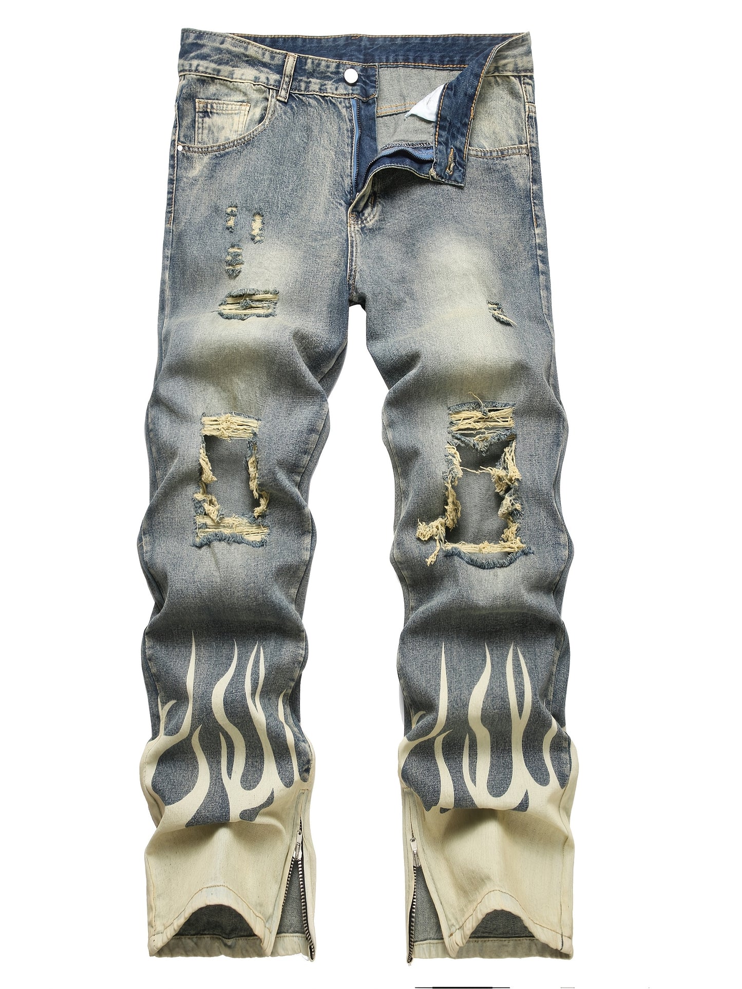Men'S Streetwear Loose Fit Straight Leg Jeans with Distressed Details, Golden Zipper & Button Closure, All-Season Casual Pants for Teens, Allseason Jeans | Streetwear Style | Nonstretch Fabric