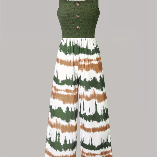 Teen Girls' Fashionable Casual Tie-Dye Jumpsuit with Decorative Strap Buttons - Slim Fit, Polyester, Machine Washable - Perfect for Spring/Summer, Dresses for Teens, Perfect for Outdoor