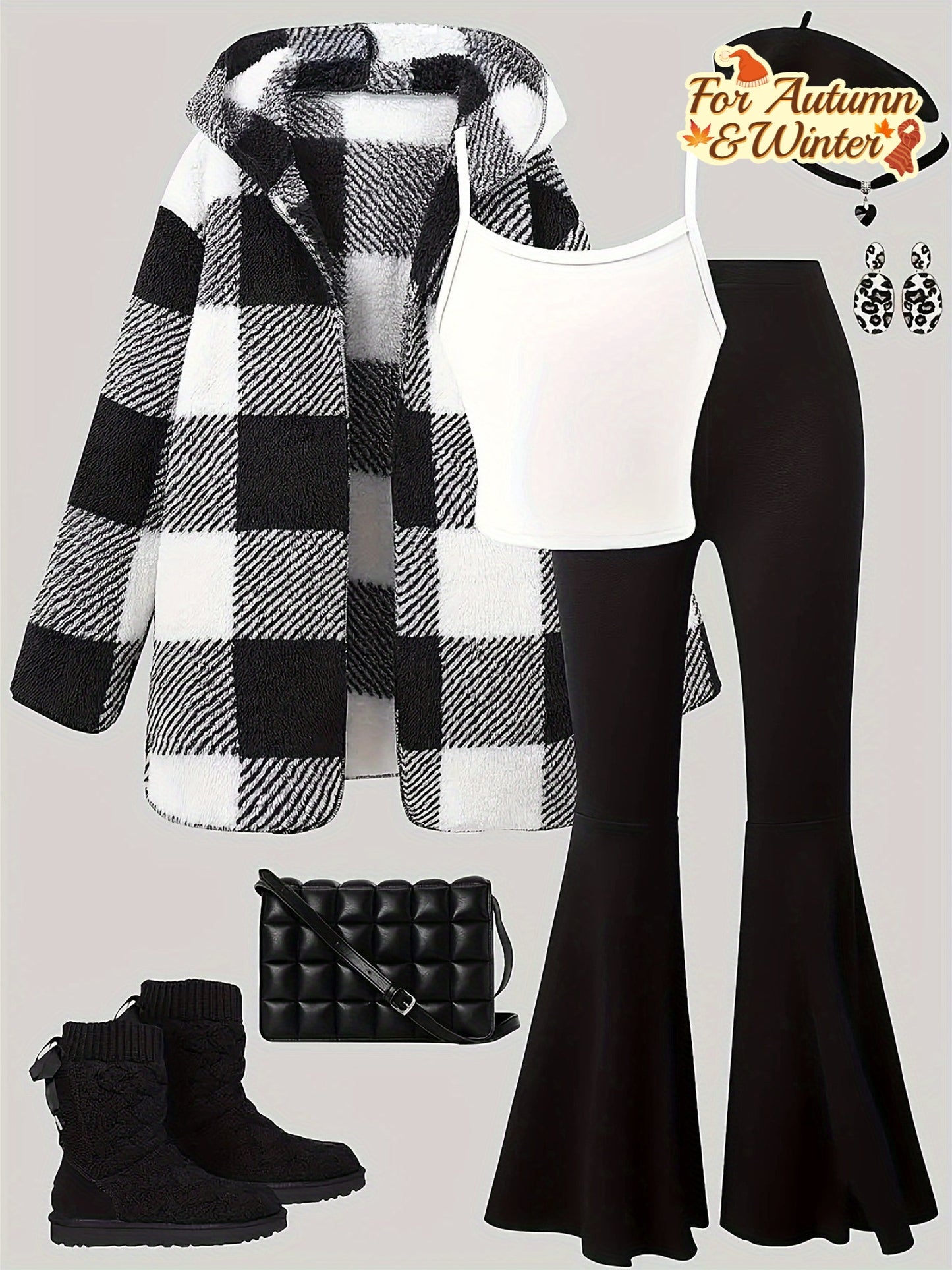 Three-Piece Black and White Plaid Long Sleeve Jacket with White Camisole Top and Black Flared Pants Set for Young Girls, Autumn-Winter Fashion Casual Outfit Suitable for Outdoor Leisure Activities (Excludes Bags and Shoes), P