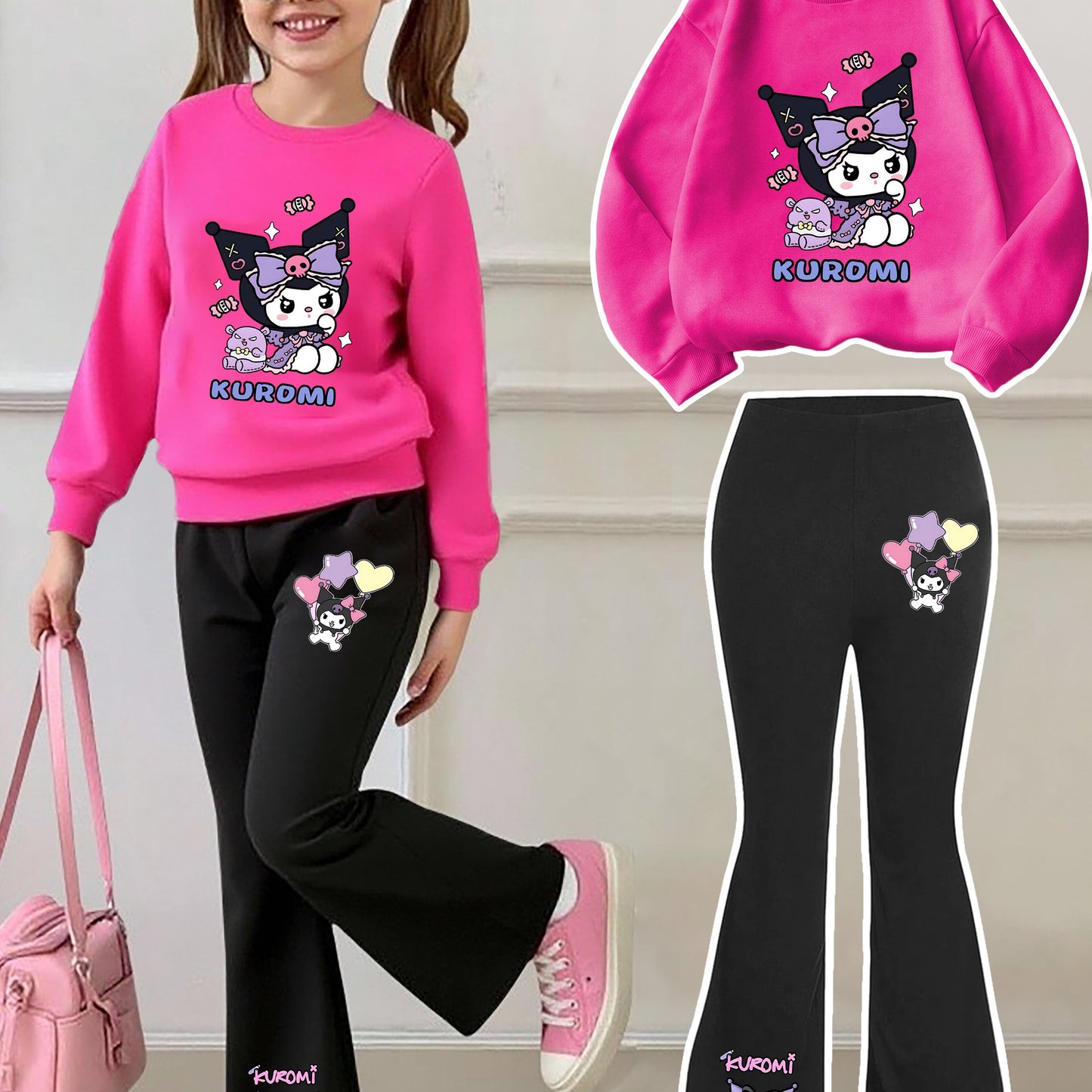 [Casual Sweatshirt] 2pcs Casual Kuromi Pattern Print Round Neck Long Sleeve Sweatshirt + Flared Pants Set | Girls' Fashion, Suitable for Outdoor Play and Leisure Wear, Perfect for Birthday Gifts