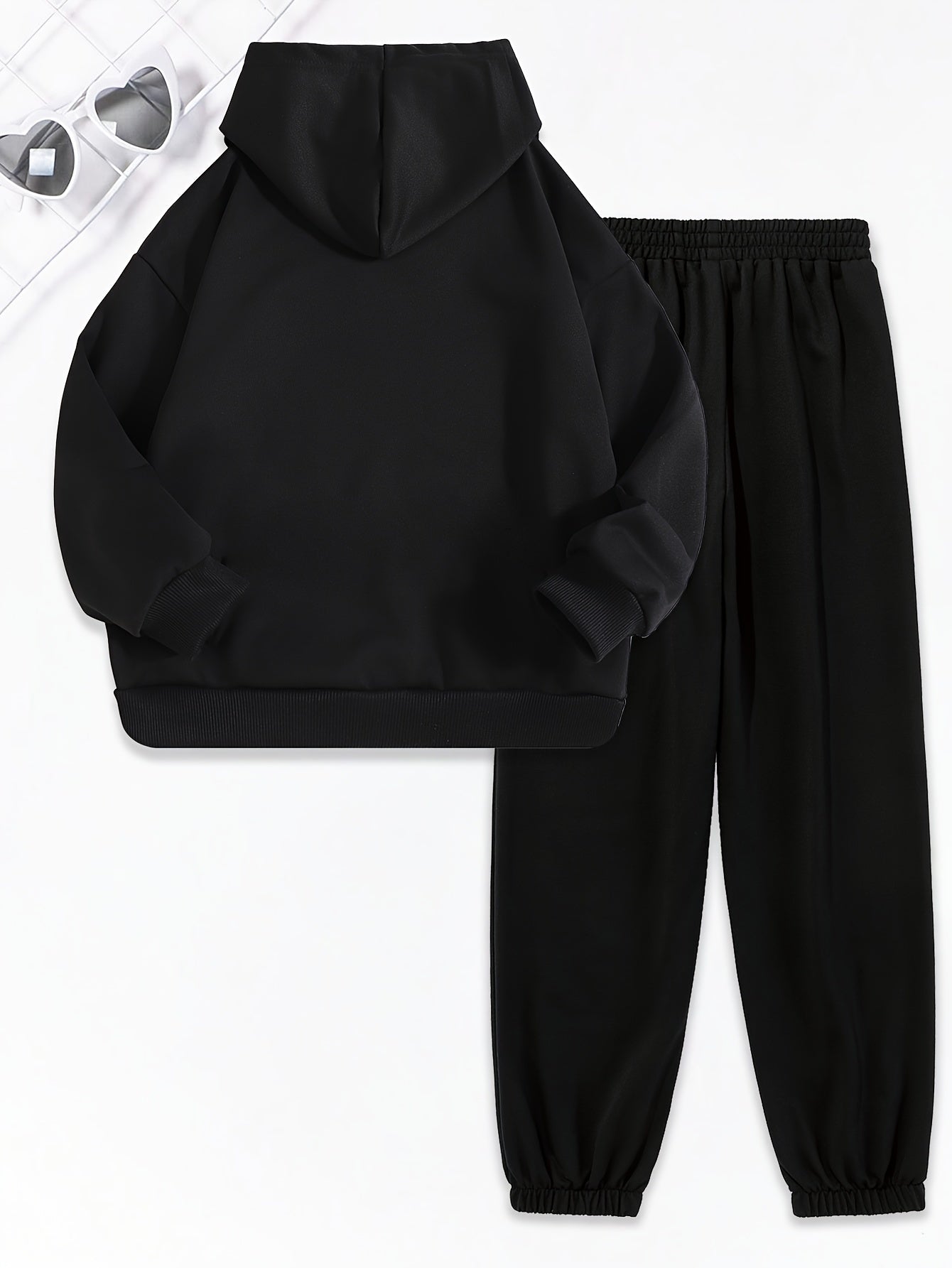 Girls 2pcs Print Hooded Sweatshirt & Letter Print Jogger Pants Set Kids Clothes For Gift, Sports, for Outdoor