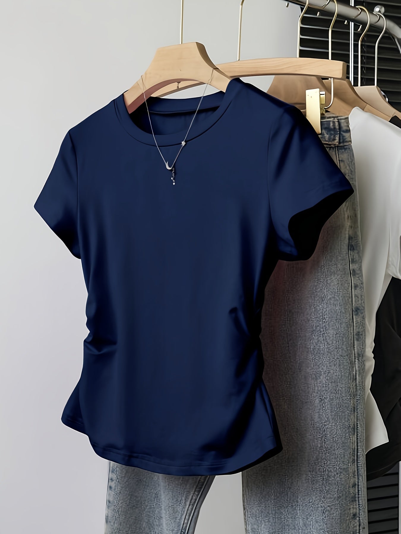 4pcs Round Neck Short Sleeve T-Shirt for Girls, Stylish Pleated Versatile Top
