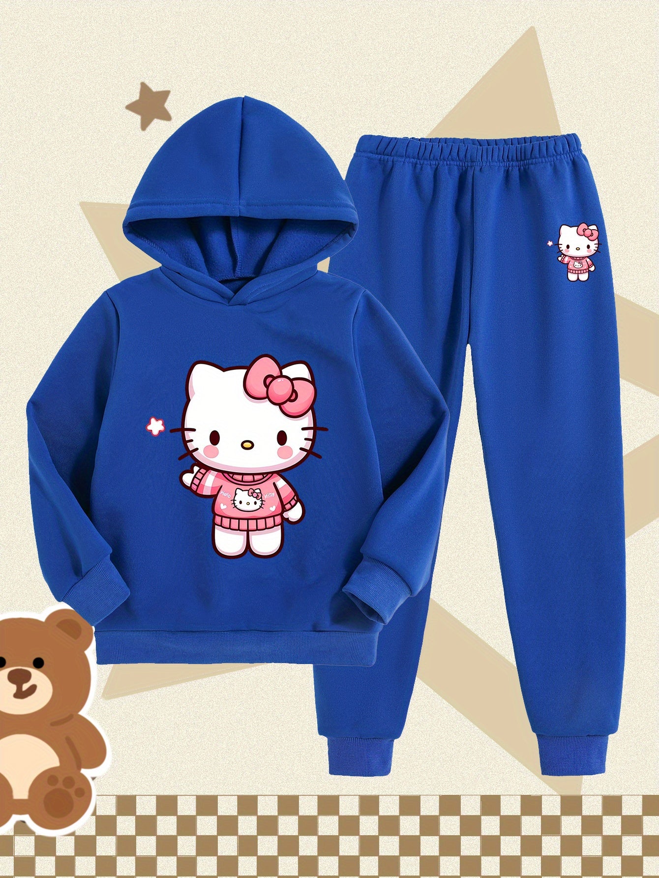 Girls' Fashion Hoodie and Pants Set - Sanrio Cartoon Print, Soft Polyester Sweatshirt with Hat for Kids, Warm & Comfortable Fall/Winter Outfit, Stylish Casual Sportswear for School or Outdoor Activities, Perfect for Outdoor