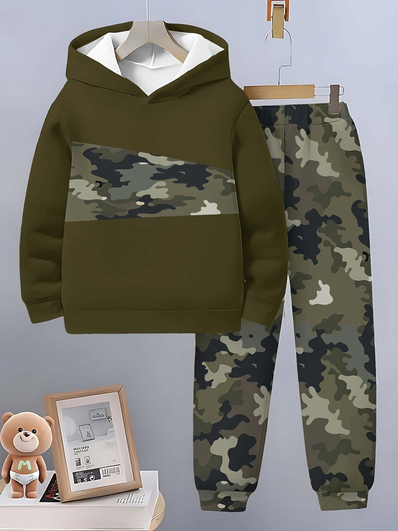 Boys' 3D Printed Camo Hoodie & Pants Set - Olive Green & Black Camouflage Long Sleeve Pullover with Kangaroo Pocket, Elastic Waistband Joggers, Perfect for Outdoor Play & Casual Wear, Fall/Winter Collection, Boy Hoodie, Playf