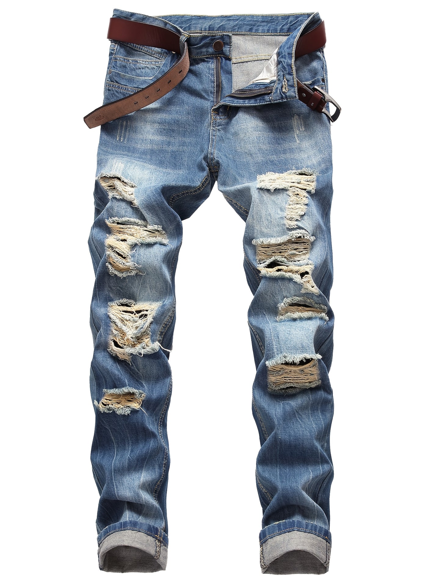 Men's Light Blue Slim-Fit Ripped Jeans - Distressed Streetwear Denim with Pre-Designed Tears, Machine Washable & Built- Zipper for Easy Wear, All-Season Casual Pants for Teens & Young Adults, Teenage Fashion, Streetstyle Clot