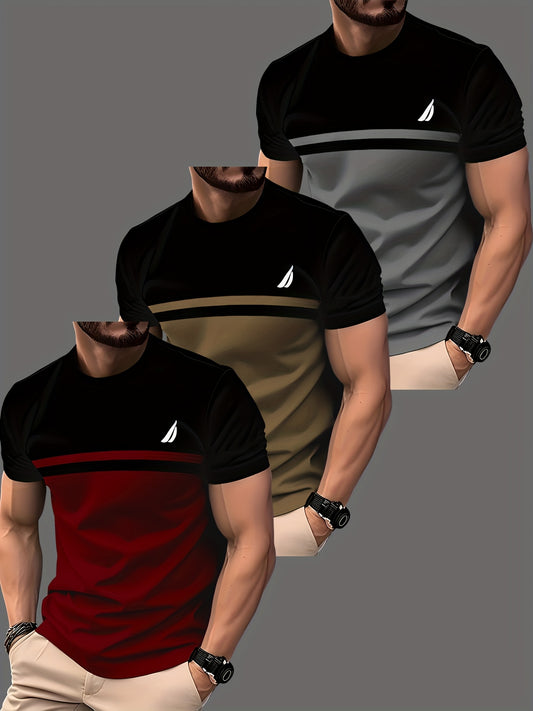 3pcs Color Block Striped Fashion 3D Digital Print Men's T-Shirt