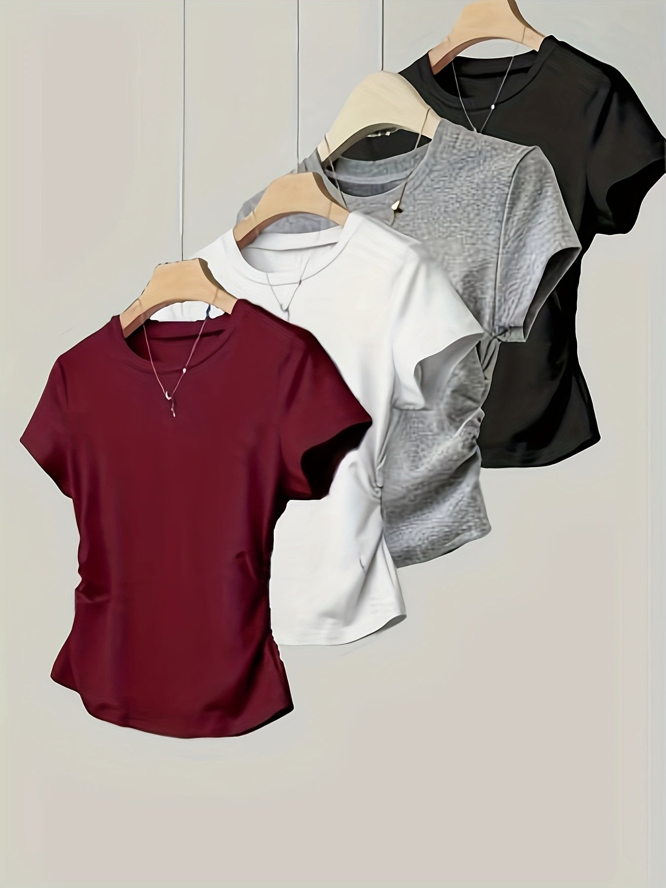 4pcs Round Neck Short Sleeve T-Shirt for Girls, Stylish Pleated Versatile Top