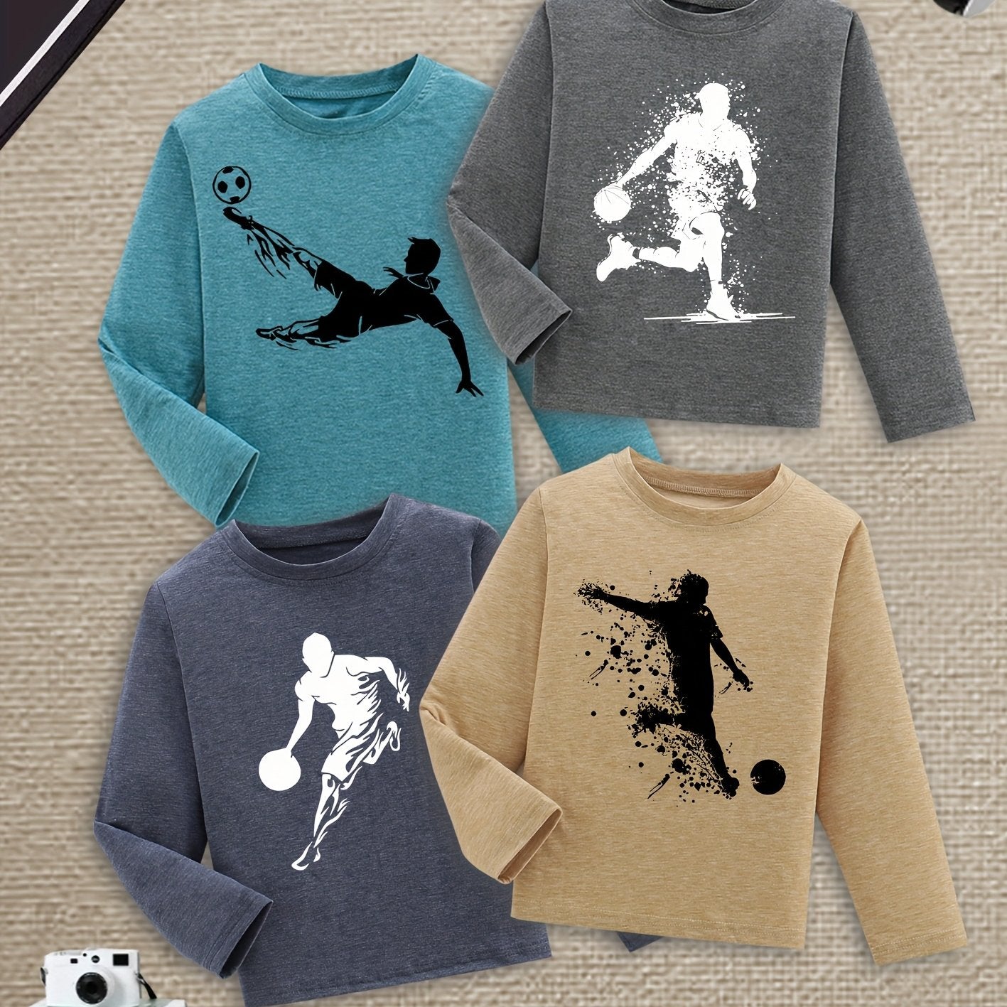 4pcs Long Sleeve T-Shirts with Sports Ball Print - Soft Stretchy Casual Tops, Machine Washable Crew Neck Tees for Boys and Girls, Youth Sportswear, Comfort Fit Autumn/Winter Outdoor Activities