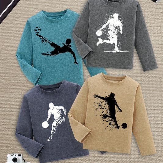 4pcs Long Sleeve T-Shirts with Sports Ball Print - Soft Stretchy Casual Tops, Machine Washable Crew Neck Tees for Boys and Girls, Youth Sportswear, Comfort Fit Autumn/Winter Outdoor Activities