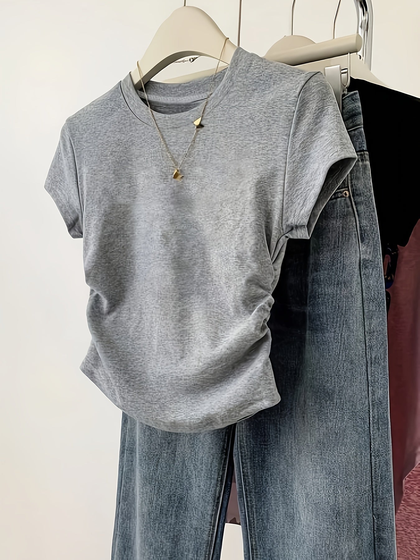 4pcs Round Neck Short Sleeve T-Shirt for Girls, Stylish Pleated Versatile Top
