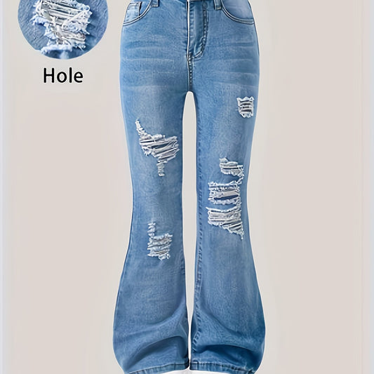 Girls' Jeans - Girls' Festival Best-Selling Denim JeansRetro Y2K-style Flared CutVintage Ripped DesignIn Line With European And American TrendsSuitable For Girls Aged 7-14 For Streetwear, Parties And Daily Outfits