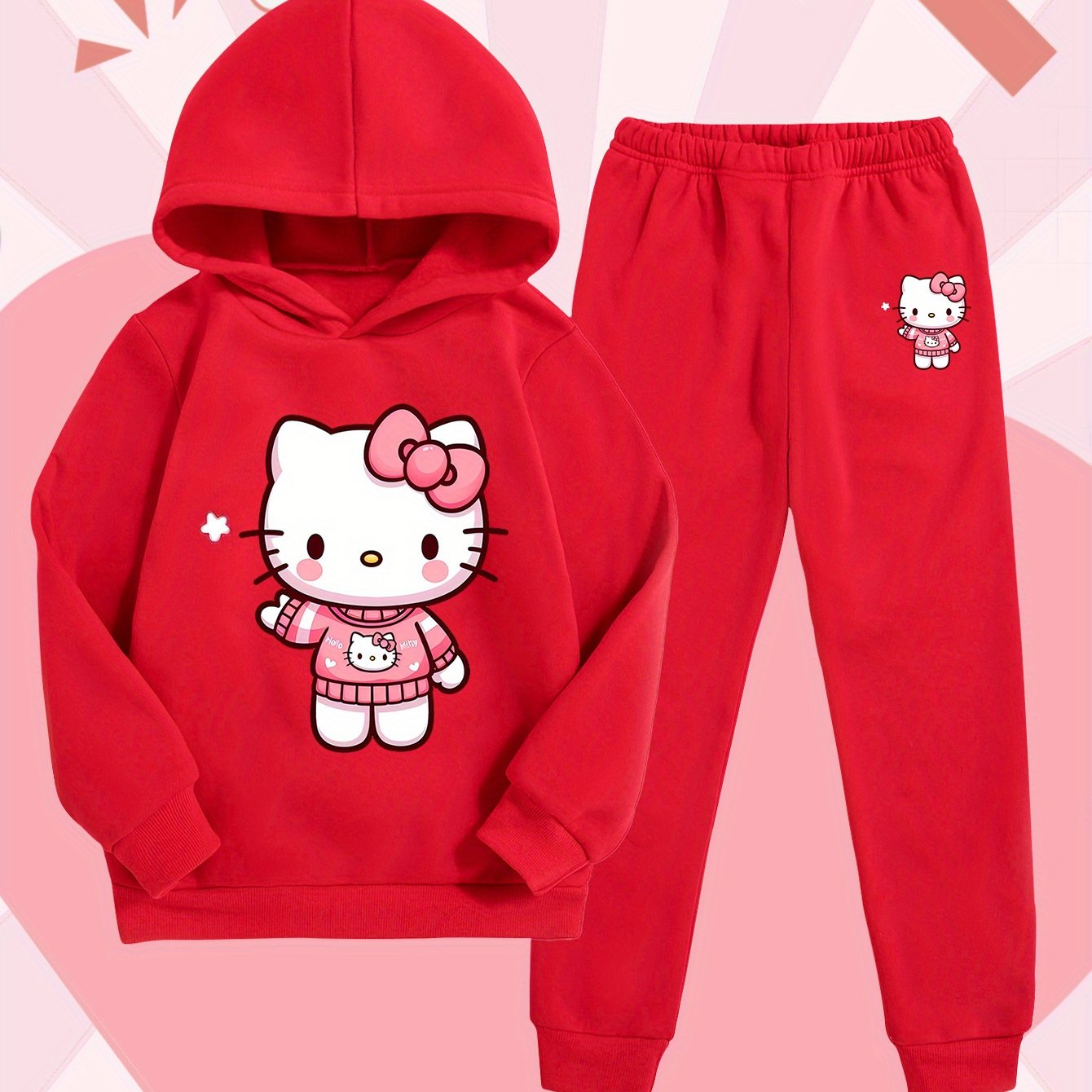 Girls' Fashion Hoodie and Pants Set - Sanrio Cartoon Print, Soft Polyester Sweatshirt with Hat for Kids, Warm & Comfortable Fall/Winter Outfit, Stylish Casual Sportswear for School or Outdoor Activities, Perfect for Outdoor