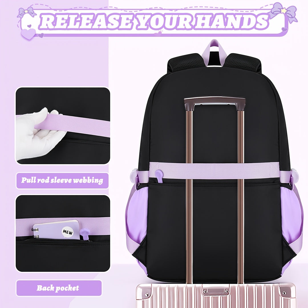 [Heart-Shaped Backpack Set] 3pcs Heart-Shaped Casual Backpack Handbag Set | Fashionable Black with Purple, 15.6-Inch Laptop Backpack, Large Capacity Multiple Compartments, Beach Outdoor Camping Travel Bag with Trolley Sleeve,
