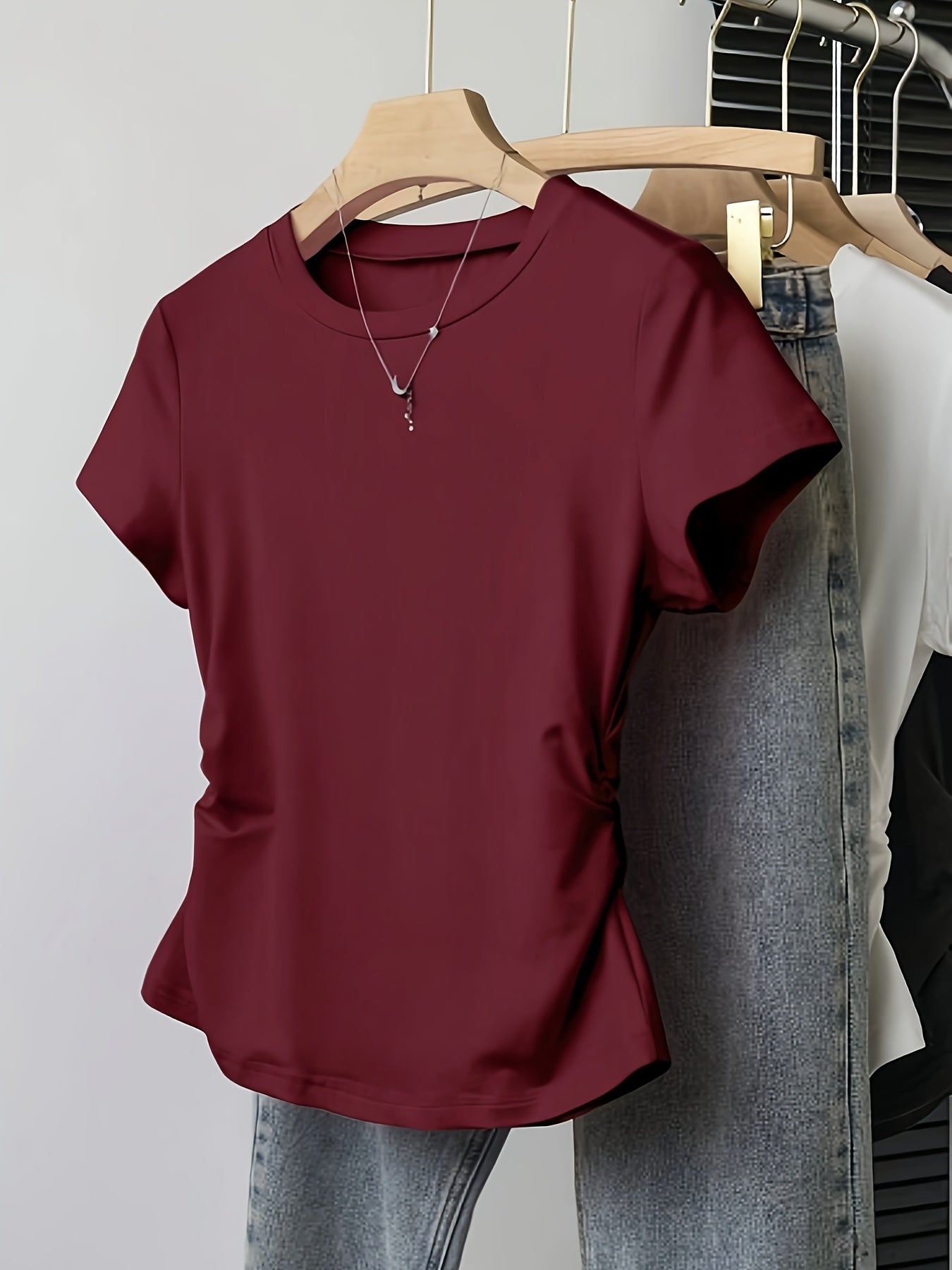 4pcs Round Neck Short Sleeve T-Shirt for Girls, Stylish Pleated Versatile Top
