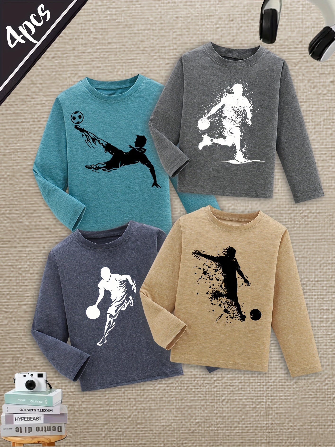 4pcs Long Sleeve T-Shirts with Sports Ball Print - Soft Stretchy Casual Tops, Machine Washable Crew Neck Tees for Boys and Girls, Youth Sportswear, Comfort Fit Autumn/Winter Outdoor Activities