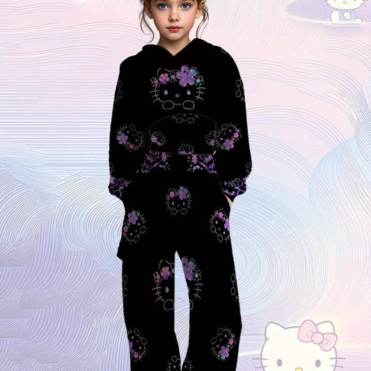 3pcs Girls' Gothic Hello! Magazine-Inspired Outfit Set - Purple & Black All-Over Print Hooded Sweatshirt & Overalls with Heart & Bow Details, Cozy Winter Clothes for Christmas, Birthday Party, Casual Attire - Casual to Formal