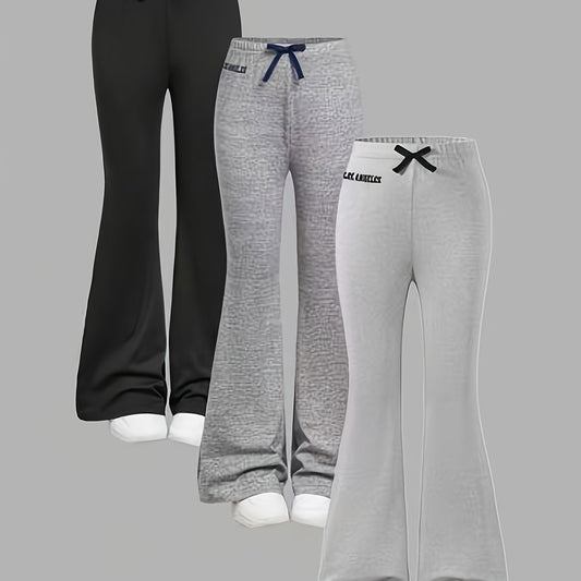 3pcs Girls' Slim-Fit Flared Bell-Bottom Pants with Letter Print & Bow Tie Waist - Stretchy Casual Athletic Leggings for Spring Summer Fall, Machine Washable (Black, Light Grey, White) - Playdates, School, Casual Attire, Perfe