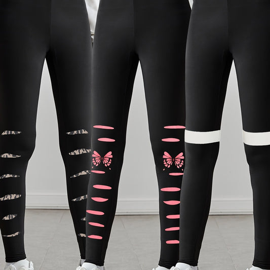 Set of 3 Girls' Stretchy Leggings for Casual Sports And Yoga, Stylish And Trendy Long Pants.