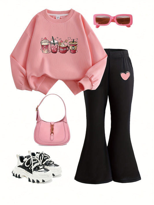 [2pcs Girls' Hoodie & Pants Set] 2pcs Girls' Fashion Hoodie + Flare Pants Set | Cartoon Print | Urban Party + Autumn + Trendy Style | Kids' Fashionable Fall Outfit, Perfect for Outdoor