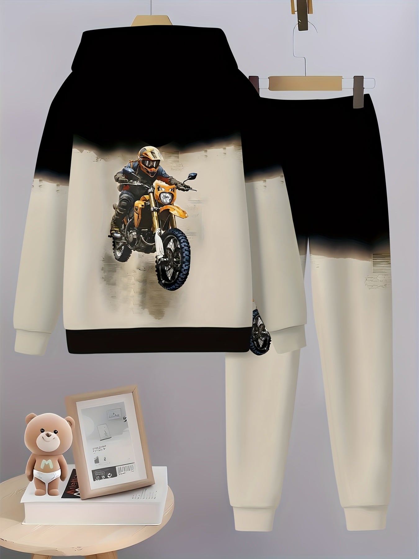 Boys' handsome motorcycle 3D printed long sleeved pants hooded sweatshirt set, boys' spring and autumn sportswear, casual versatile pullover suitable for boys' outdoor sports, suitable as a gift, Perfect for Outdoor