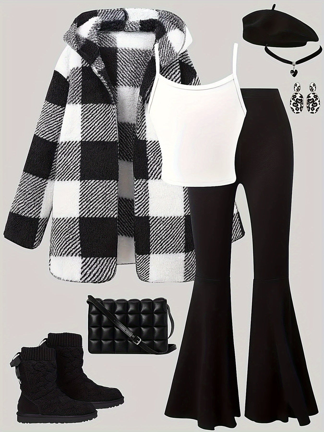 Three-Piece Black and White Plaid Long Sleeve Jacket with White Camisole Top and Black Flared Pants Set for Young Girls, Autumn-Winter Fashion Casual Outfit Suitable for Outdoor Leisure Activities (Excludes Bags and Shoes), P